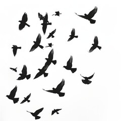 Silhouettes of birds flying in the sky, set against a white background.