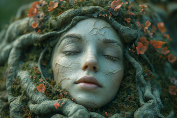 Danu, Celtic Goddess: Ivory Visage Enveloped in Rooty Embrace with Moss and Delicate Orange Blossoms