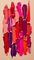 Artistic display of various lipstick smears in a range of red and pink hues creating a vibrant abstract background.