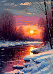 Oil painting of a river surrounded by trees in a cold winter morning