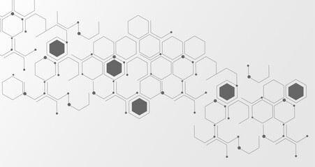 Abstract gray hexagonal molecular structures in technology background and science style - obrazy, fototapety, plakaty
