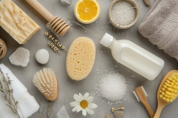 Obraz na płótnie Canvas Top view of various skin a body care products such as a bath sponge, a brush, handmade soaps, honey, a pumice stone, salt, a towel, and a white bottle.
