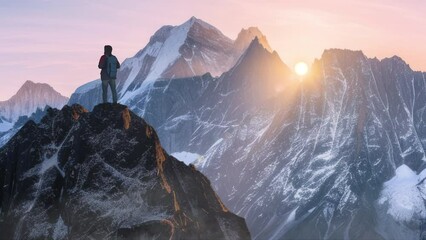 Tourist climber go hike enjoy view. Backpacker explore epic journey.