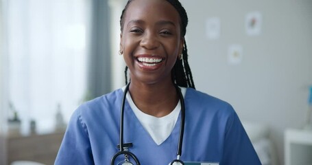 Black woman in portrait, nurse and tablet at clinic, health and medical schedule on database and check test results. Tech for healthcare, medicine info online and make appointment with telehealth