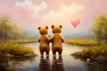 Fotobehang Two teddy bears standing in the water holding hands with heart shaped balloon. © VISUAL BACKGROUND