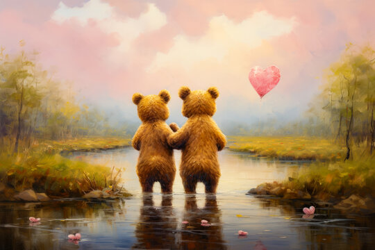 Two teddy bears standing in the water holding hands with heart shaped balloon.