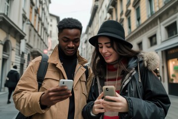 Beautiful young multiracial couple sharing social media feeds on the street in Milan, Italy. 
