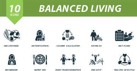 Balanced living icons set. Creative icons: healthy food, detoxification, calorie calculator, fat index, diet plans, metabolism, nutrition, body transformation, crossfit, healthy lifestyle.