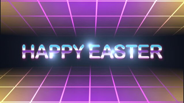 A vibrant grid in purple and yellow with a diagonal arrangement of square tiles. Happy Easter stands out in neon pink and yellow, exuding joy and celebration