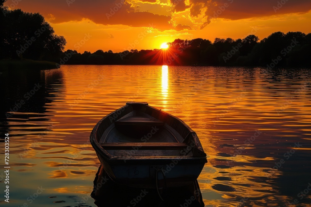 Wall mural Fishing boat on the lake at sunset.