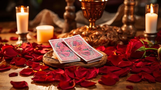 Love magic and fortune telling cards with candle, rose petals, and tarot cards on wooden background
