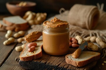 Front View of a peanut butter jar surrounded by some whole and peeled peanuts, a spreading knife and bread slices on rustic wooden table. 
