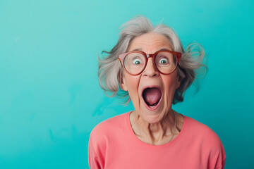 Senior woman making funny face on pastel background.