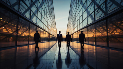 Three businessmen walking passage glass facade