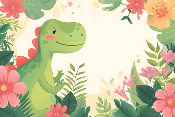 Cute cartoon dinosaur frame border on background in flat style.