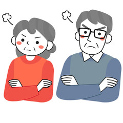腹を立てるシニア夫婦の上半身