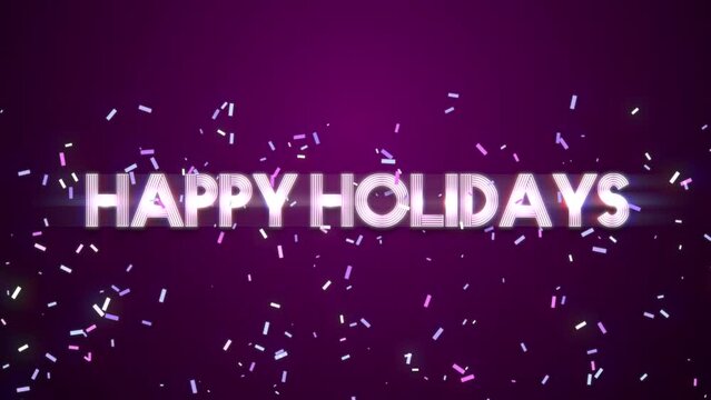 This festive image features a purple background with white Happy Holidays text, accompanied by falling white confetti. A perfect way to spread the season's greetings!