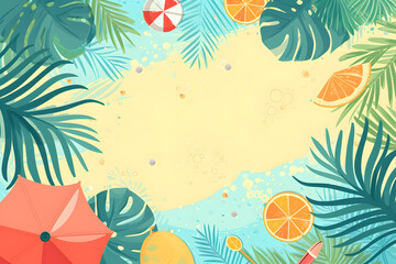 Fototapeta na wymiar Cute cartoon summer decorations frame border on background in flat style.