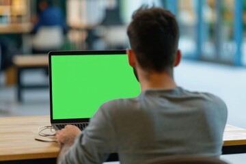 Rearview shot of an unrecognizable young man using his laptop with green screen - Powered by Adobe