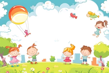 Fotobehang Cute cartoon of children frame border on background in flat style. © Pacharee
