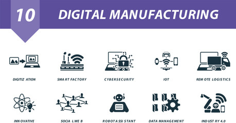 Digital manufacturing icons set. Creative icons: digitalization, smart factory, cybersecurity, iot, remote logistics, innovative, social web, robot assistant, data management, industry 4.0.