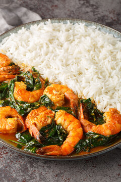 Delicious Indian prawn and spinach curry served with rice closeup on the plate on the table. Vertical