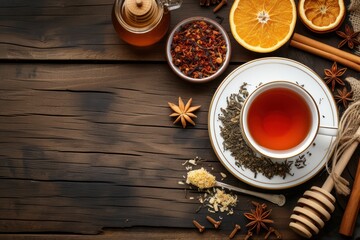 Top view of a filled tea cup surrounded by some ingredients like dried orange, cinnamon sticks, honey and anise on rustic wooden table. 