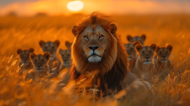 Lion King - A lion with a group of cubs in the wild, reminiscent of the popular movie franchise. Generative AI