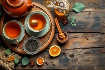 Top view of a rustic wooden table with two tea cups, a teapot and a crystal bowl filled with dried black tea, a honey jar 