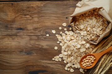 Top view of a rustic paper bag filled with uncooked oat flakes with a wooden spoon surrounded by oat flakes and oat spikes 