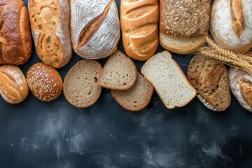 Top view of breads assortment like brunch bread, rolls, wheat bread, rye bread, sliced bread, wholemeal toast, spelt bread and kamut bread on dark blackboard background.  - obrazy, fototapety, plakaty
