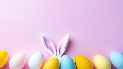 Easter Delight. Bunny Ears and Colorful Eggs on a Pink Background. Copy space