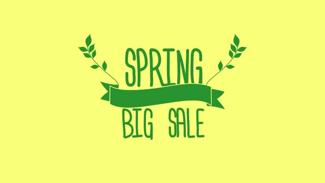 Celebrate spring with big sale. Vibrant green lettering stands out against a sunny yellow backdrop, accentuated by leafy green ribbons