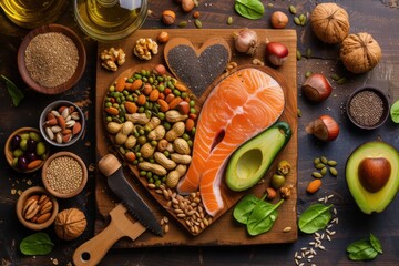 Top view of wooden cutting board with a heart shape surrounded by an assortment of food rich in Omega-3 