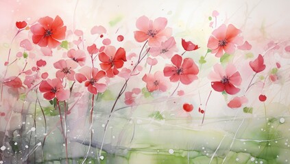 Whimsical Poppies Dance: Watercolor Flower Symphony in Red and White Generative AI