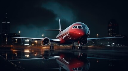 Nocturnal Red Jet Ready for Takeoff on Rainy Runway Cityscape Generative AI