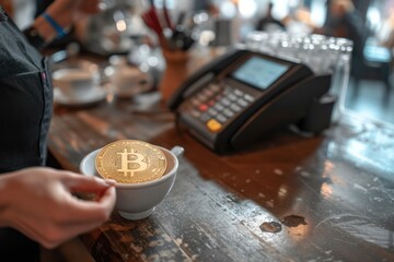Fototapeta na wymiar Unrecognizable customer paying with bitcoin card at a cafe. 