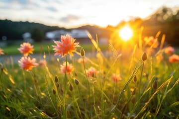 Sunset Serenade: Orange Wildflowers Dancing in the Evening Glow - Generative AI