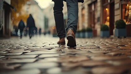Focused closeup of person feet walking along city street capturing urban life and motion active lifestyle with shoes stepping on road of busy town