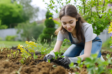 Woman planting flowers in the garden.