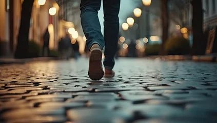 Foto op Canvas Focused closeup of person feet walking along city street capturing urban life and motion active lifestyle with shoes stepping on road of busy town © Thares2020