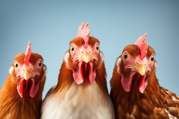 Intense Gaze of Redheaded Chickens in a Row on the Farm - Generative AI