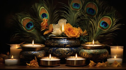 Aesthetic illustration of diya lamps and peacock feathers for thaipusam celebration