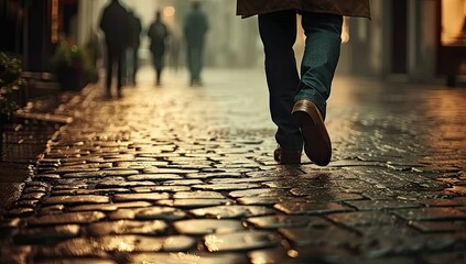 Focused closeup of person feet walking along city street capturing urban life and motion active lifestyle with shoes stepping on road of busy town