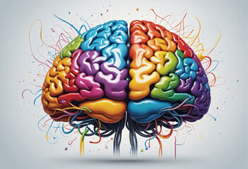 Illustration of a human brain with colorful and imaginative design elements. Representing creativity, innovation, imagination, and ideation for artistic and knowledge - obrazy, fototapety, plakaty