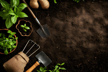 Gardening tools on soil background. 