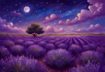 Schilderijen op glas A field of blooming lavender under a starry night sky © Creative Mind 