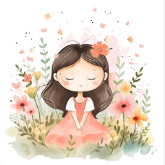 Obraz na płótnie Canvas Cartoon background of little girl with flower in the garden.