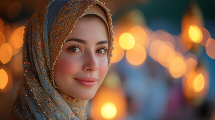 Ramadan evening portrait with muslim woman in traditional attire during the holy month and lanterns illuminating background