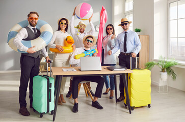 Funny happy business people company employees standing in office on workplace with beach...